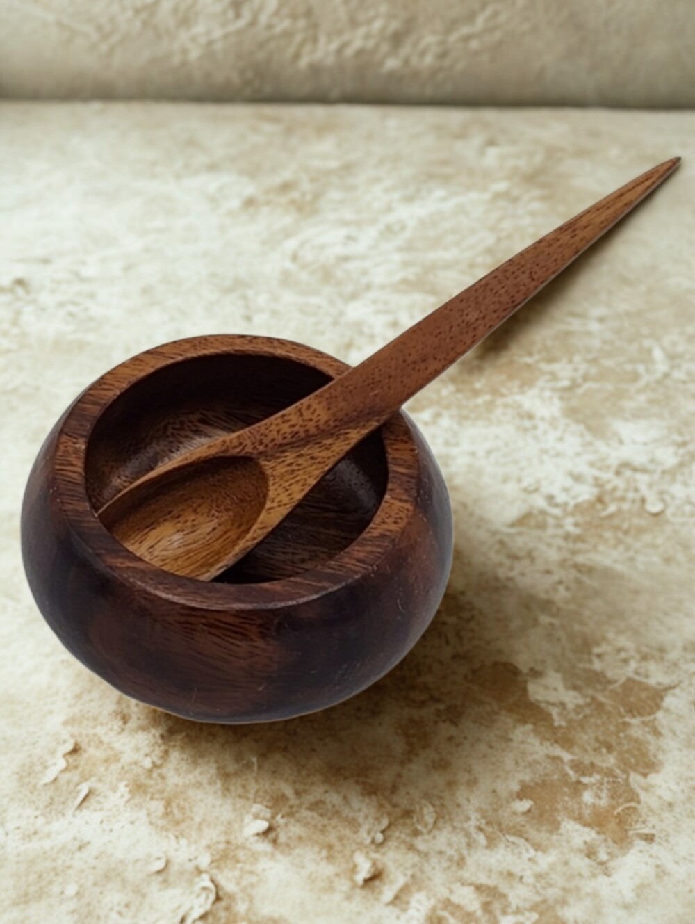 Vintage Monkey Pod Wood Condiment Bowl with Spoon - MCM Tiki Decor